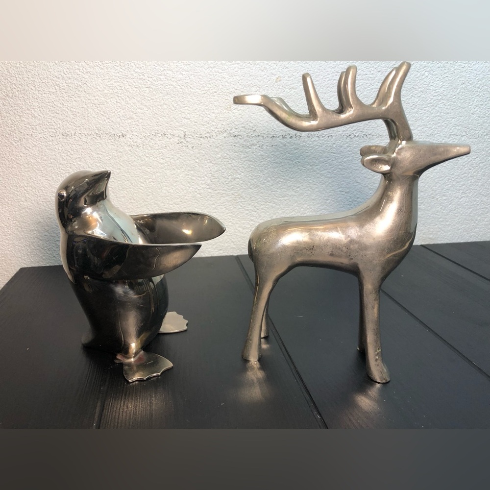 Restoration Hardware Silver Metal Decorative Figurines - Reindeer & Penguin
